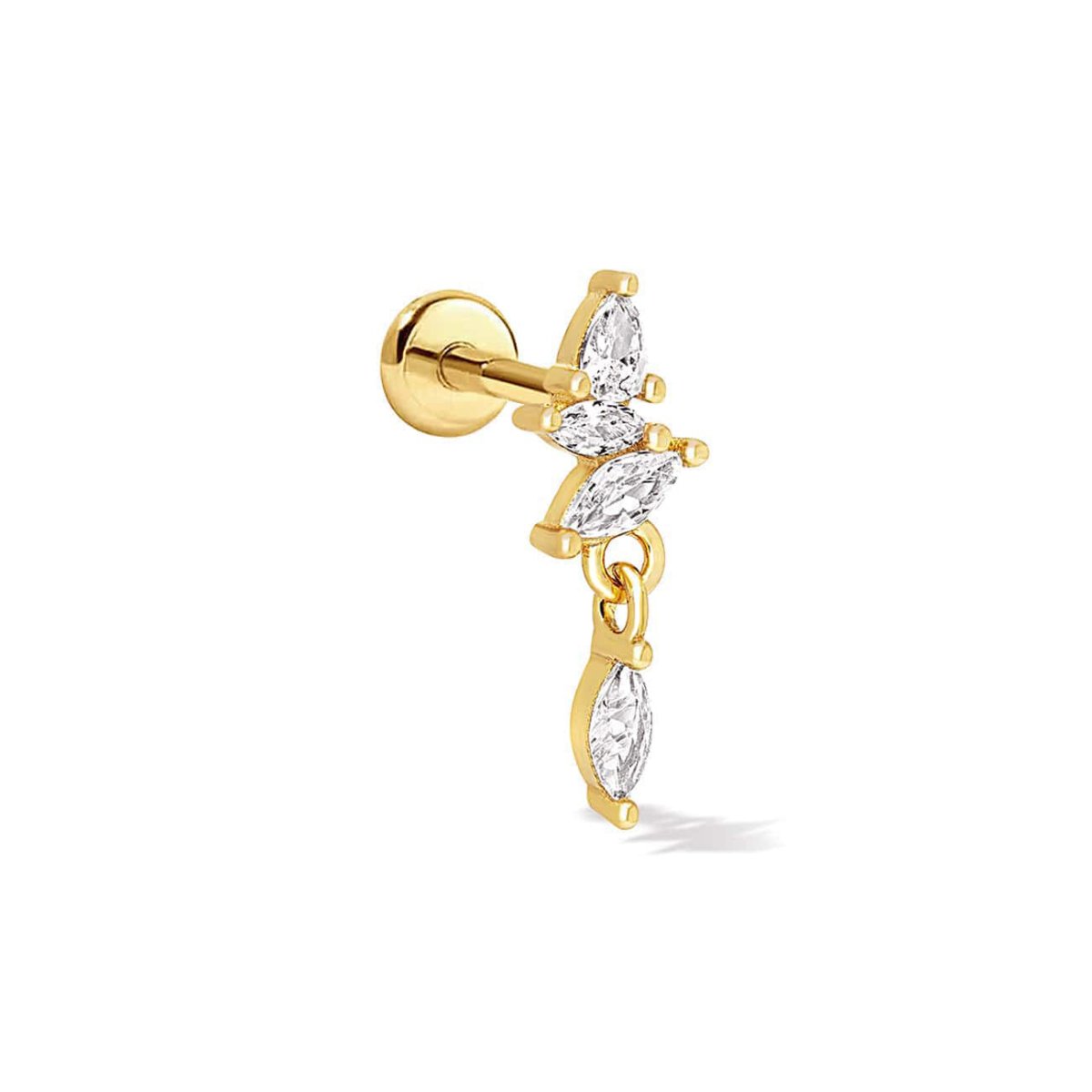 Gold vermeil flat back stud with a marquise white zirconia cluster and dangle, on a white background