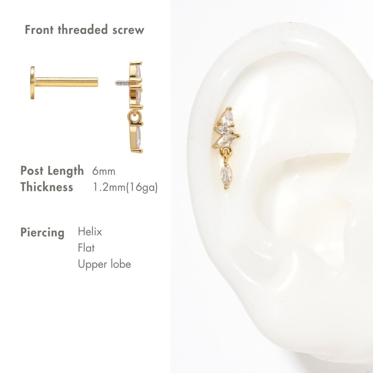 Gold vermeil marquise white zirconia cluster flat back stud, size and placement chart for helix, flat, upper lobe