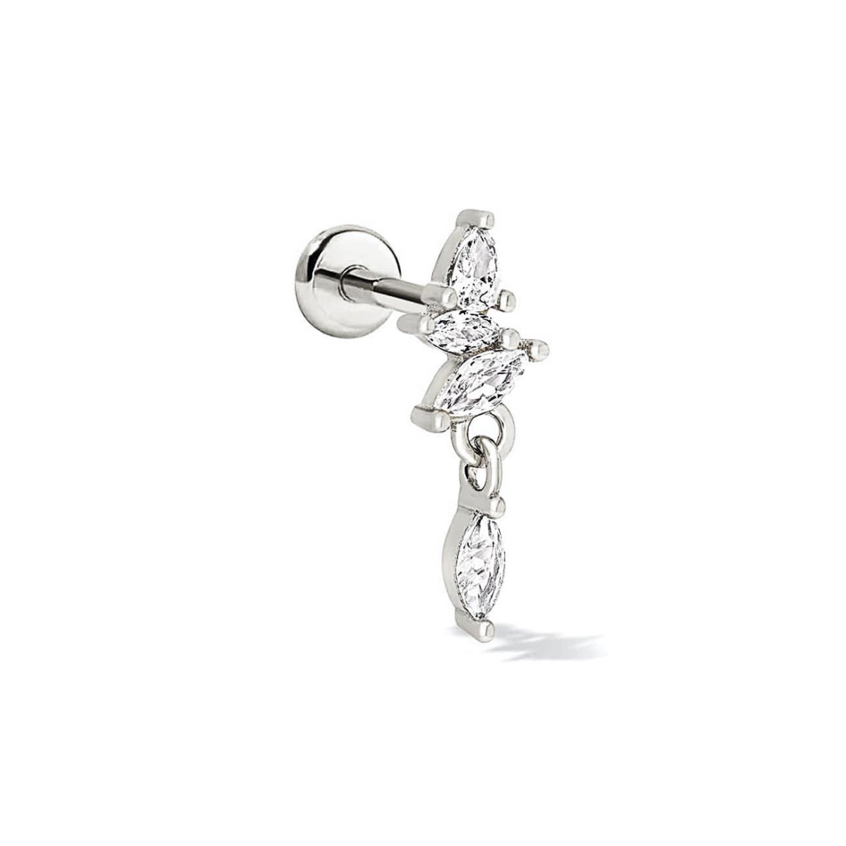 Sterling silver flat back stud with a marquise white zirconia cluster and dangle, on a white background