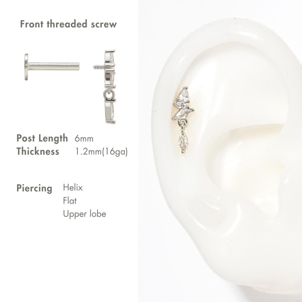 Sterling silver marquise white zirconia cluster flat back stud, size and placement chart for helix, flat, upper lobe