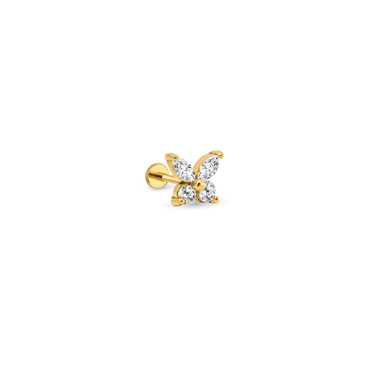 Gold titanium butterfly flat back stud with clear marquise and round stones, on a white background