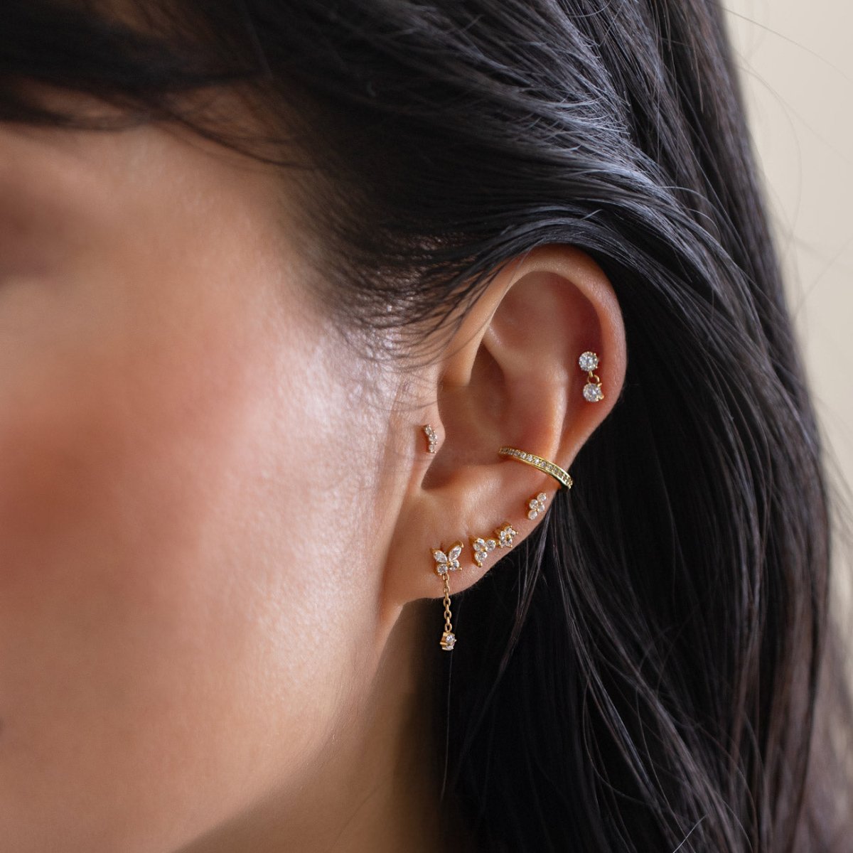 Gold titanium dangle flat back stud, size comparison graphic, 6mm post and 1mm thickness