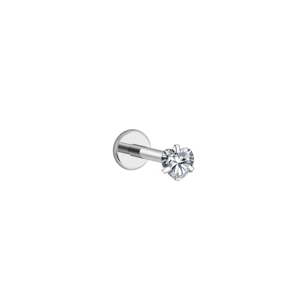 Titanium flat back stud with a heart-shaped clear white zirconia stone, on a white background