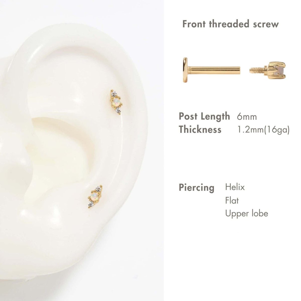 Gold vermeil white opal flat back stud on a placement guide showing post length and piercings