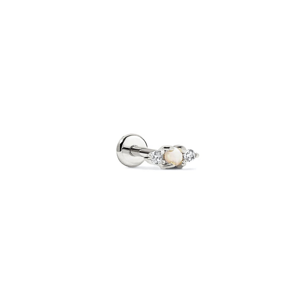 Sterling silver flat back stud with a white opal and two clear stones, on a white background