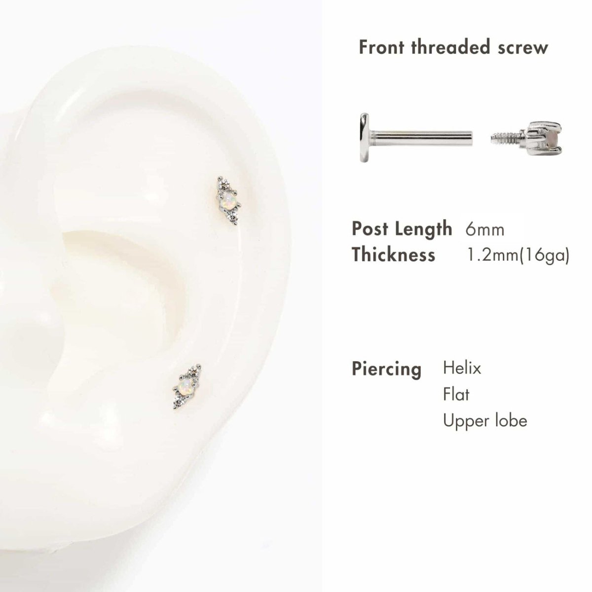 Sterling silver white opal flat back stud on a placement guide showing post length and piercings