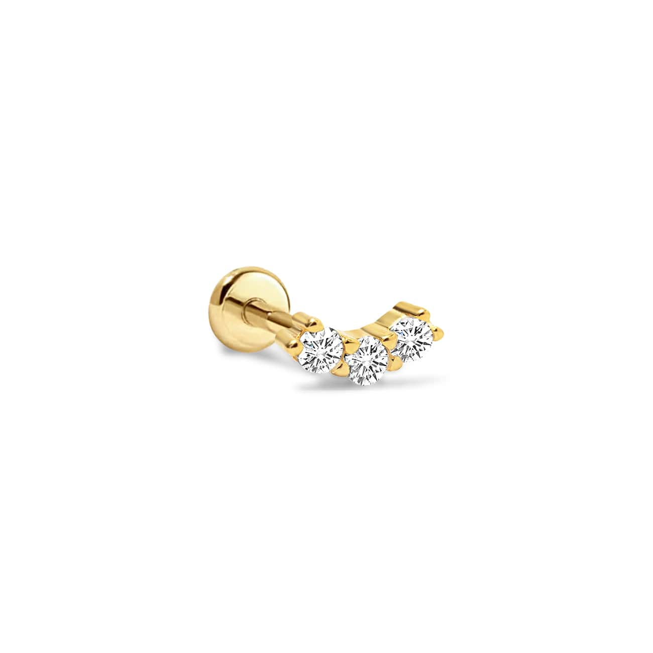 Gold vermeil flat back stud with three curved round white zirconia stones, on a white background