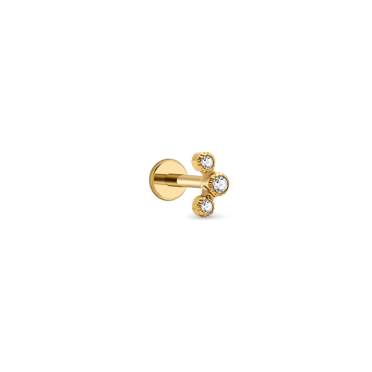 Gold titanium trio bezel flat back stud with three white zirconia stones, on a white background