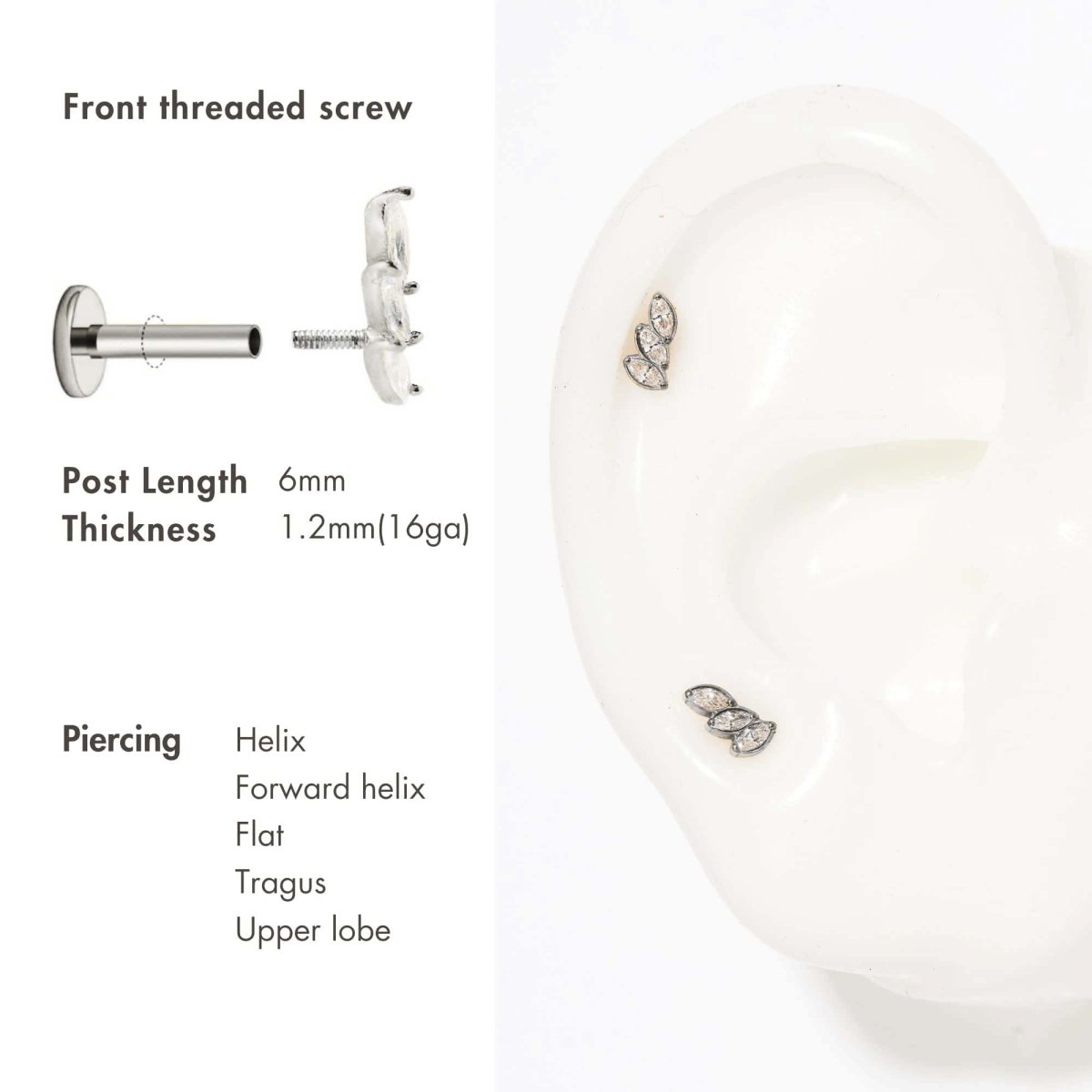 Titanium curved white zirconia stud shown on a silicone ear with size and piercing chart