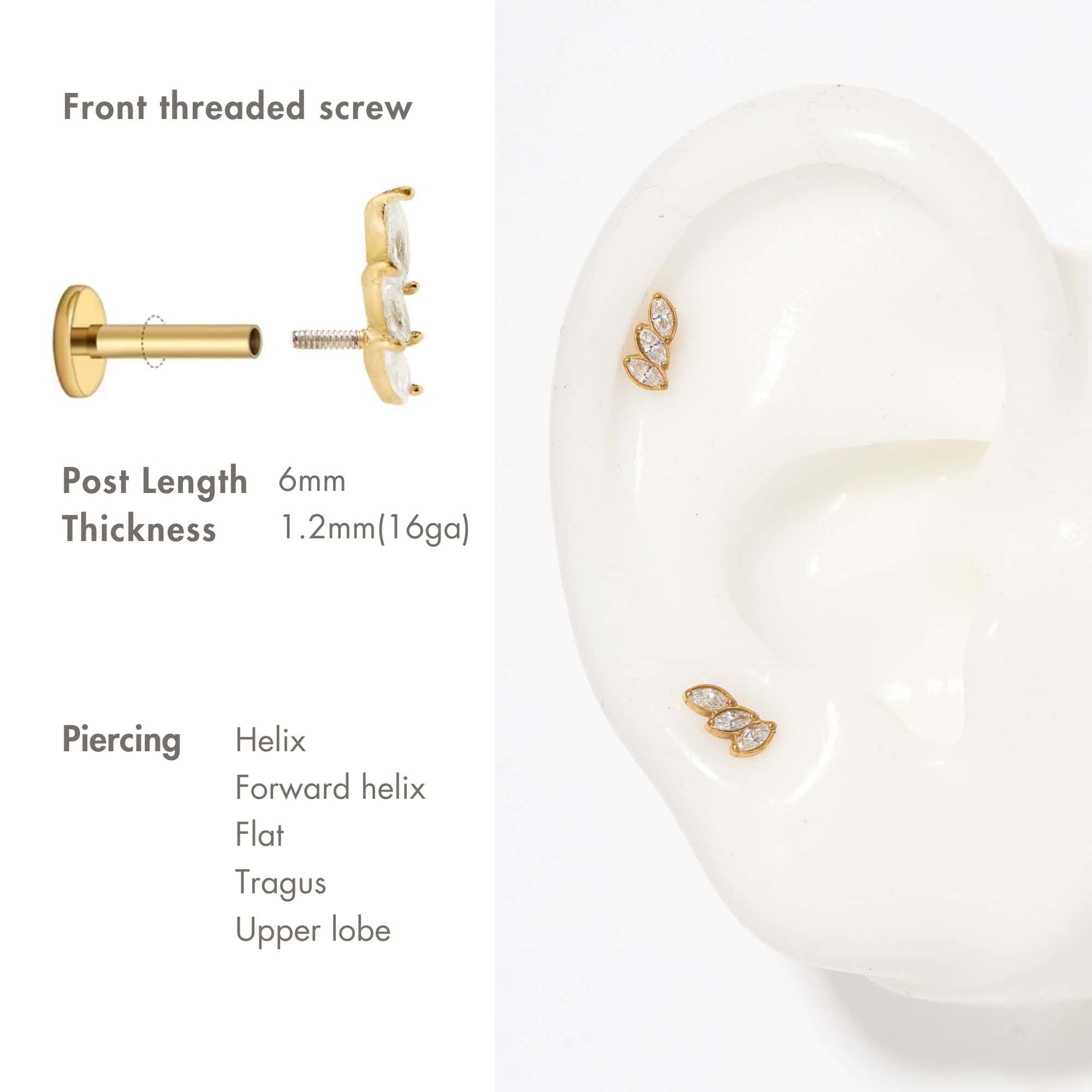Gold titanium curved white zirconia stud on a silicone ear with size and piercing chart