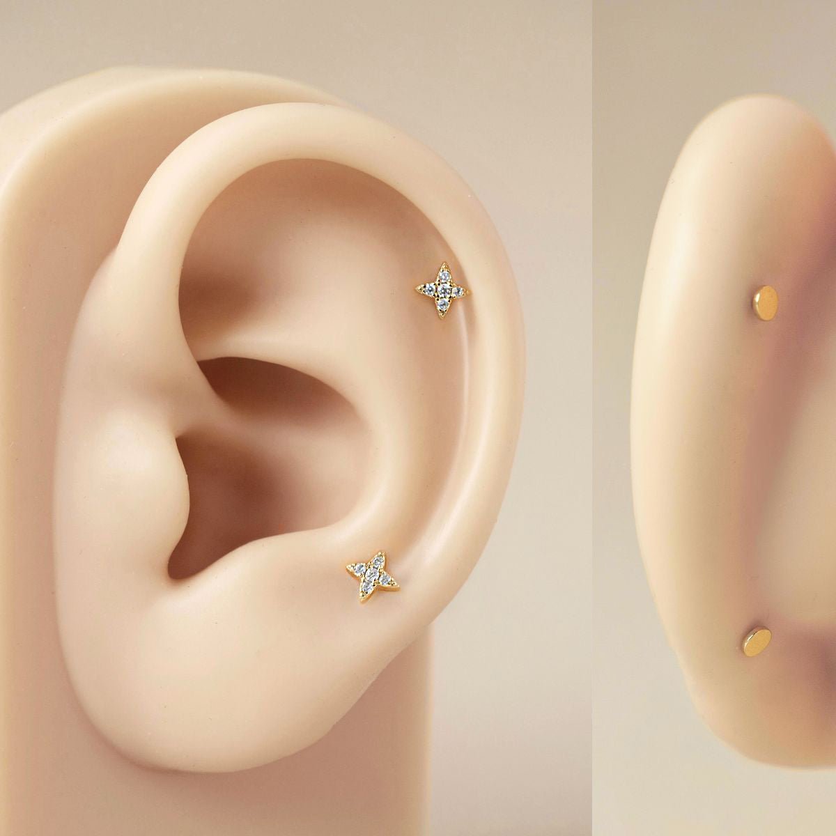 Gold vermeil zirconia star flat back stud shown on a silicone ear from front and side