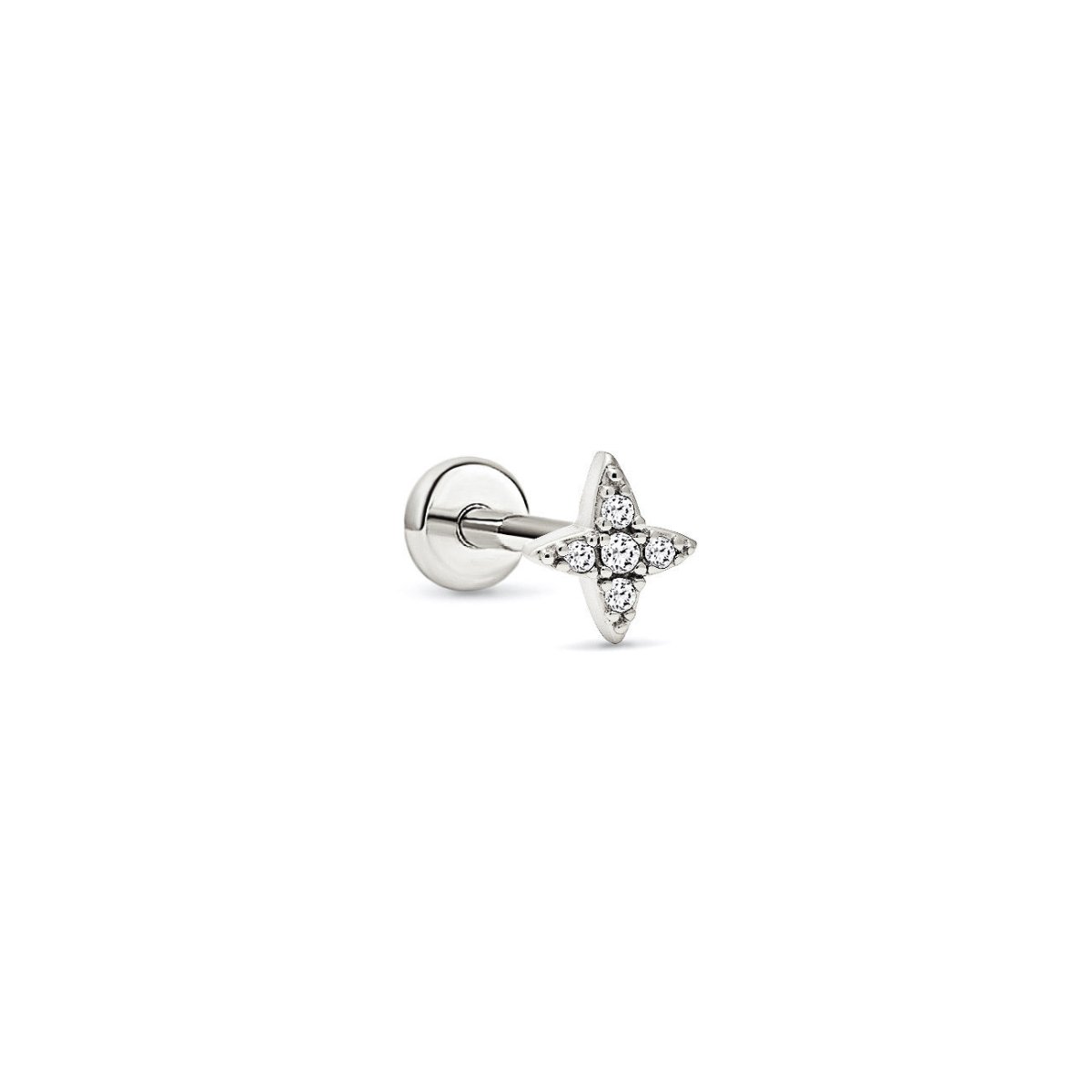 Sterling silver four-point star flat back stud paved with zirconia, on a white background