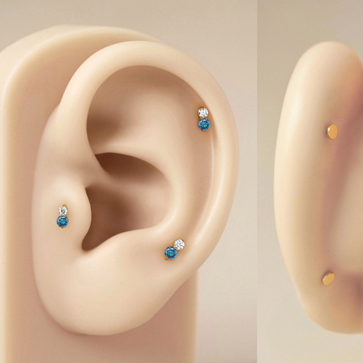 As worn image on silicon ear of Tiny Pavé Duo Flatback Stud in Gold Titanium| #Gemstone_Blue Zircon