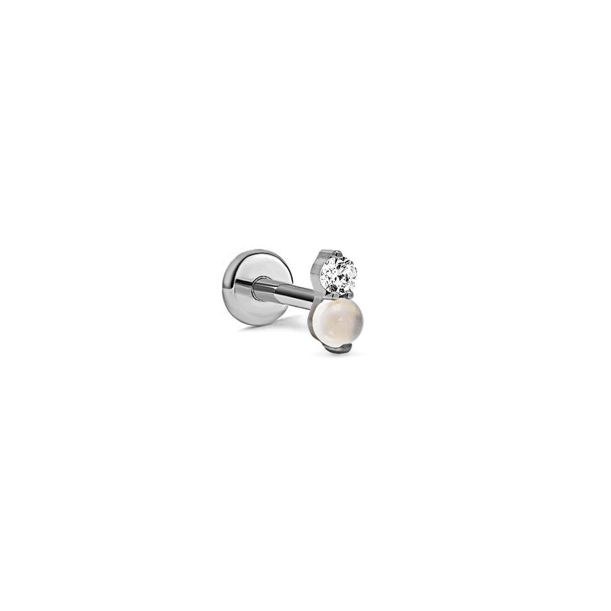 Product image of Pave Duo Stud Earring in Titanium, has a tiny Zirconia and Opal stones| #Gemstone_White Opal