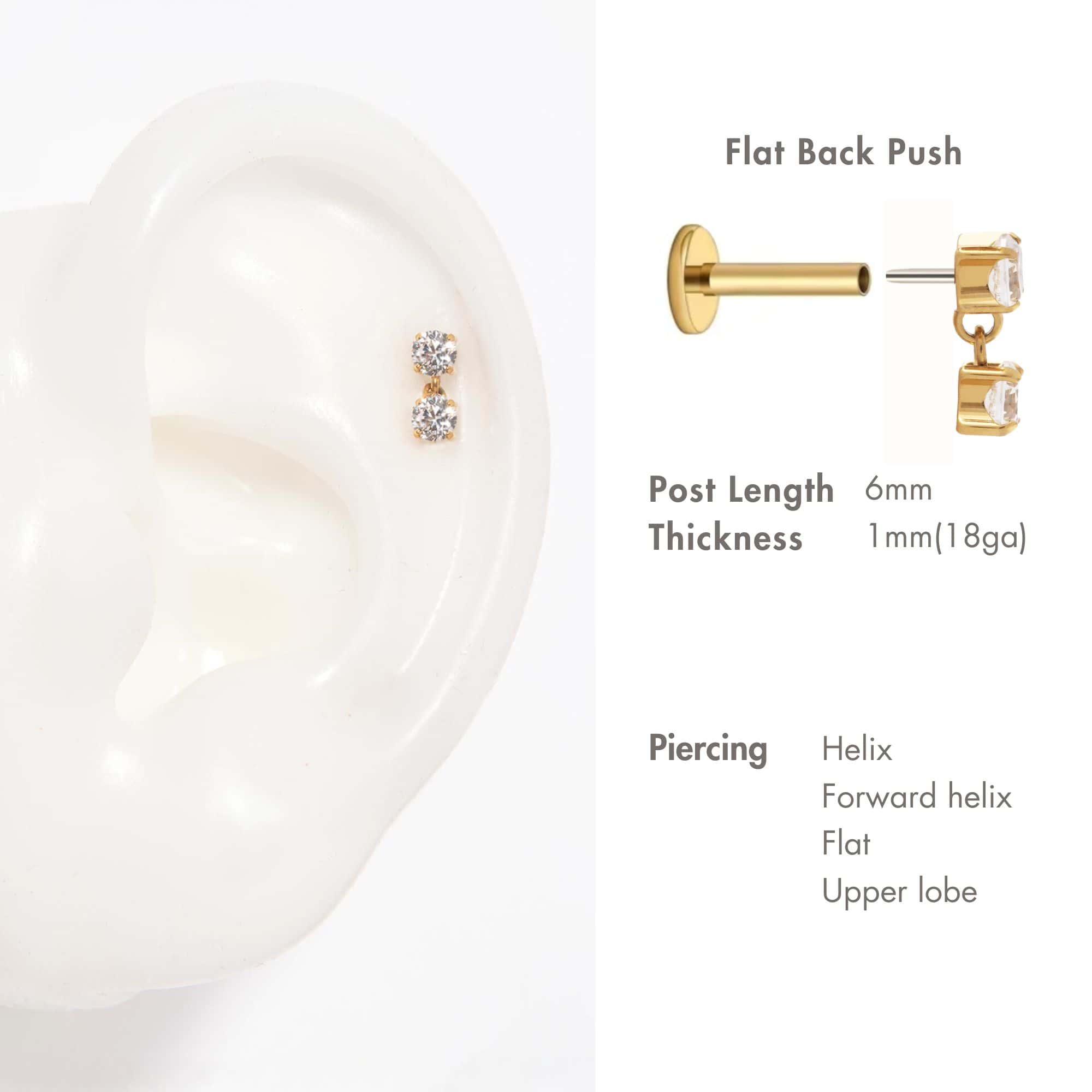 Gold titanium dangle flat back stud on a placement graphic for helix, forward helix and upper lobe
