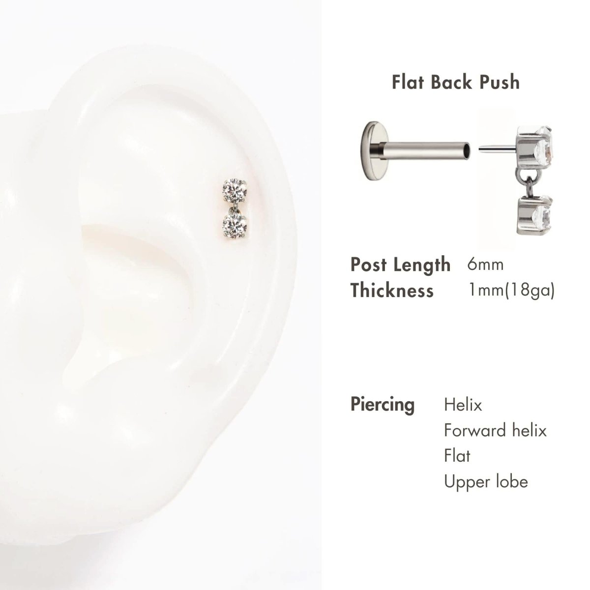 Titanium dangle flat back stud on a placement graphic for helix, forward helix, flat and upper lobe