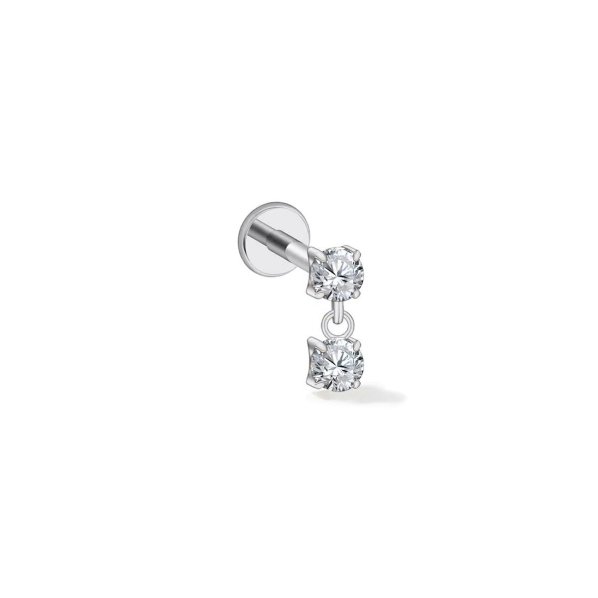 Titanium flat back stud with a white zirconia stone and a dangling round stone, on a white background