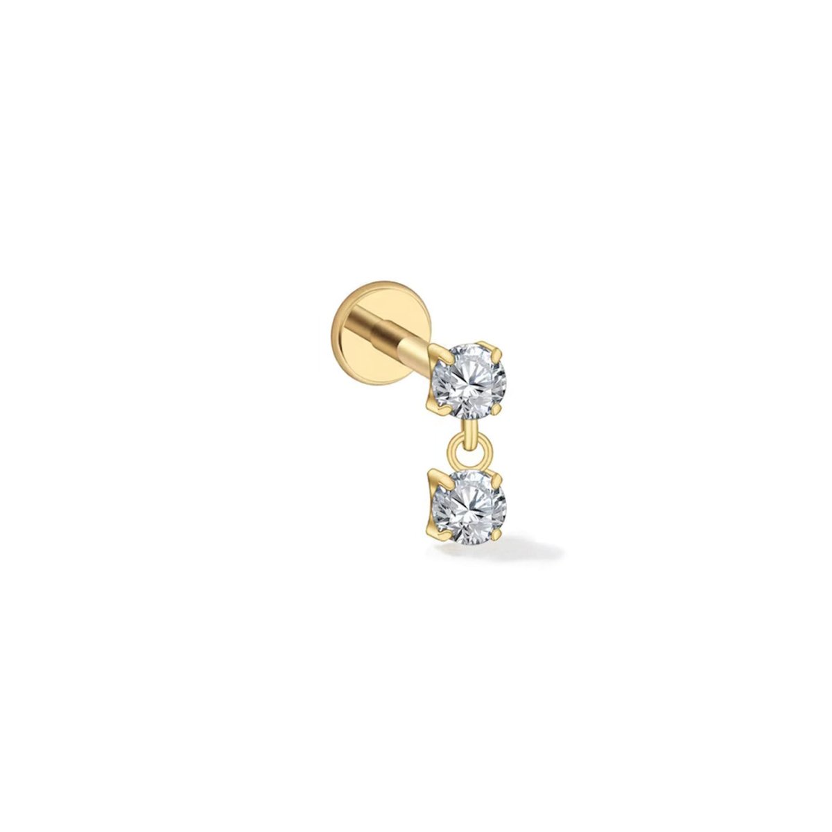 Gold titanium flat back stud with a white zirconia stone and a dangling round stone, on a white background