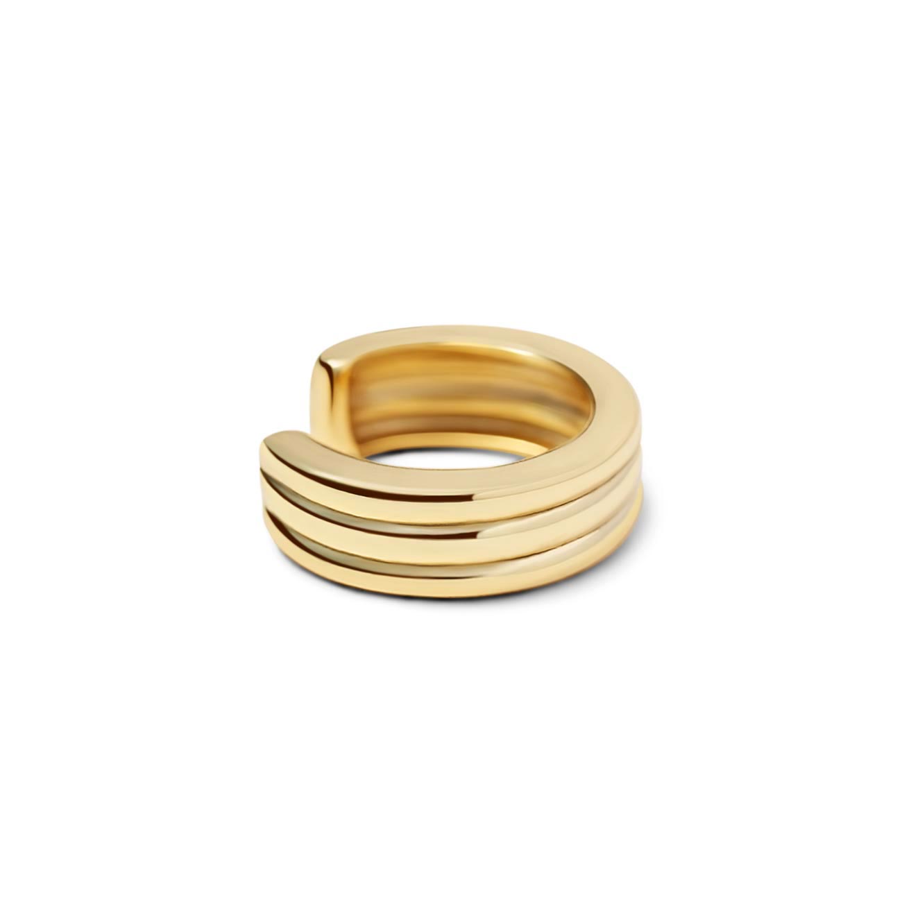 Gold vermeil ridged three-band ear cuff, on a white background