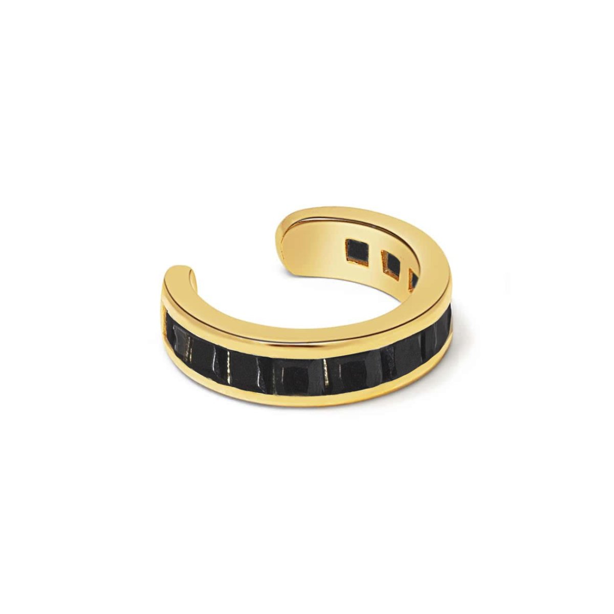 Gold vermeil princess cut ear cuff with channel-set black onyx stones, on a white background