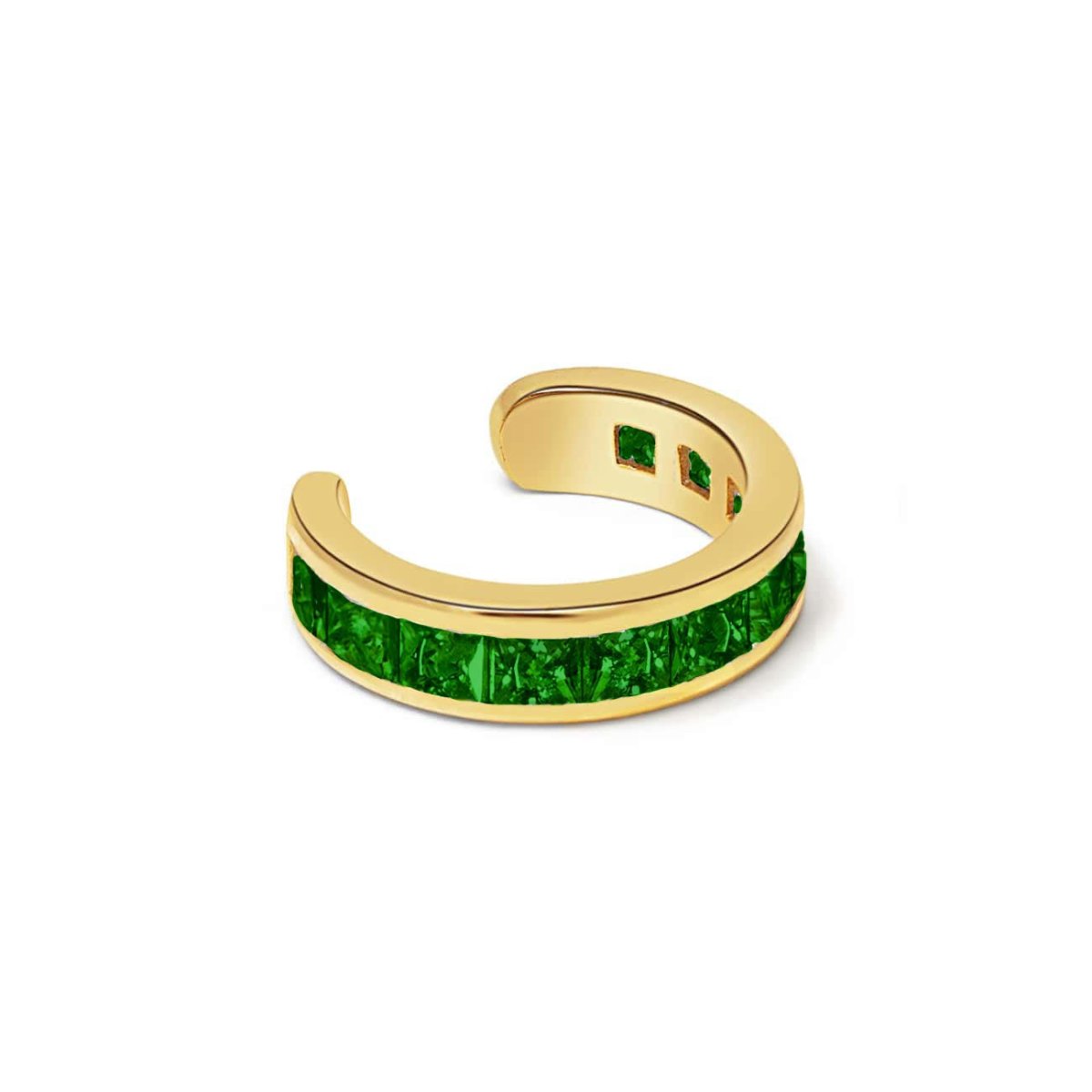 Gold vermeil princess cut ear cuff with channel-set green emerald stones, on a white background