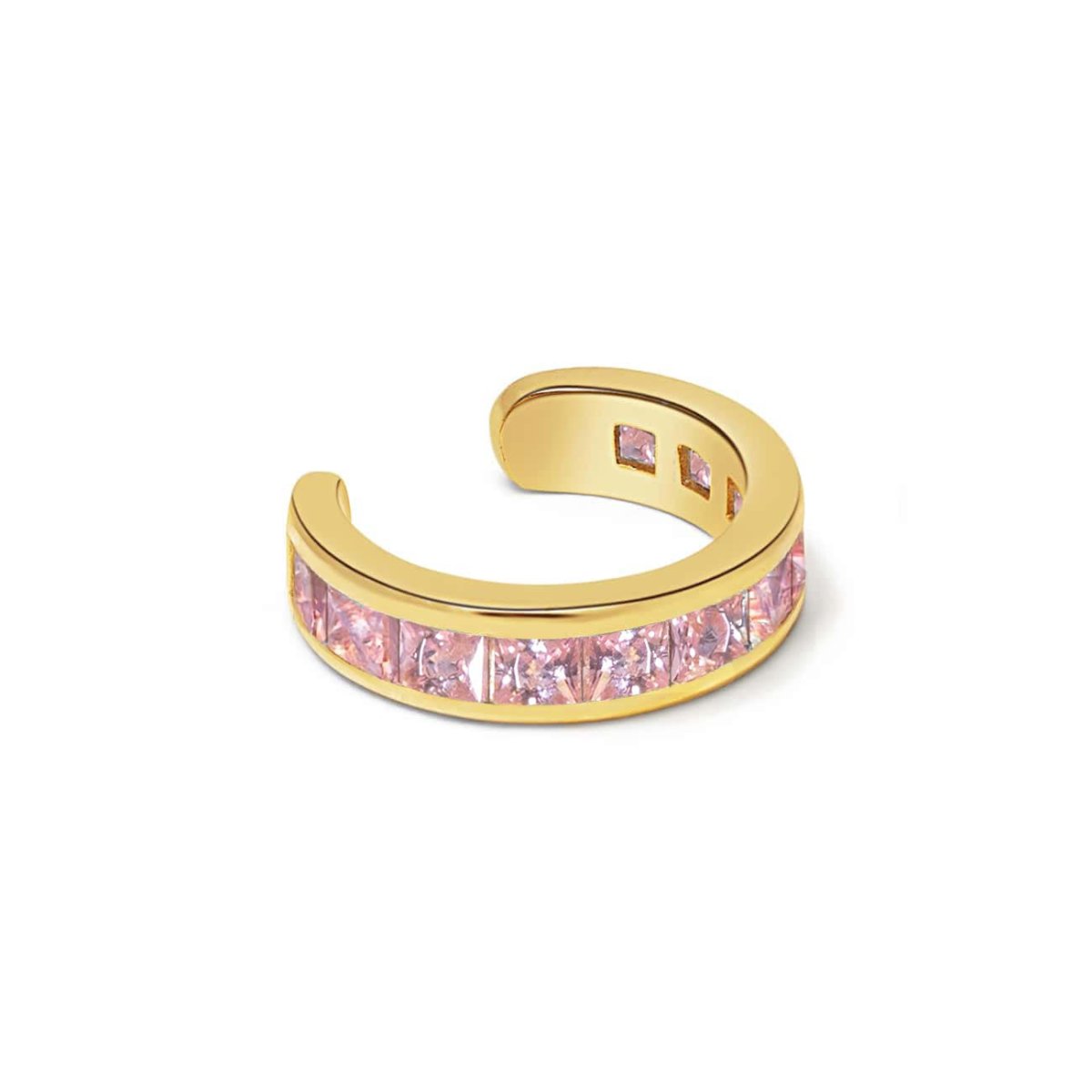 Gold vermeil princess cut ear cuff with channel-set pink sapphire stones, on a white background