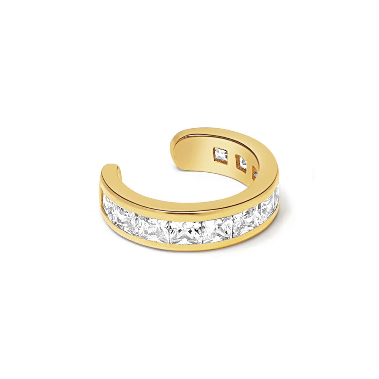 Gold vermeil ear cuff with a row of square clear stones, on a white background