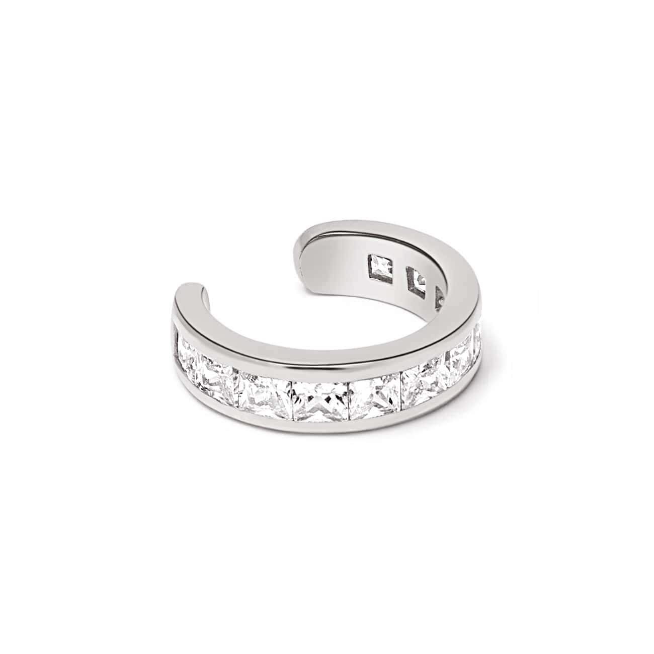 Sterling silver ear cuff with a row of square clear stones, on a white background