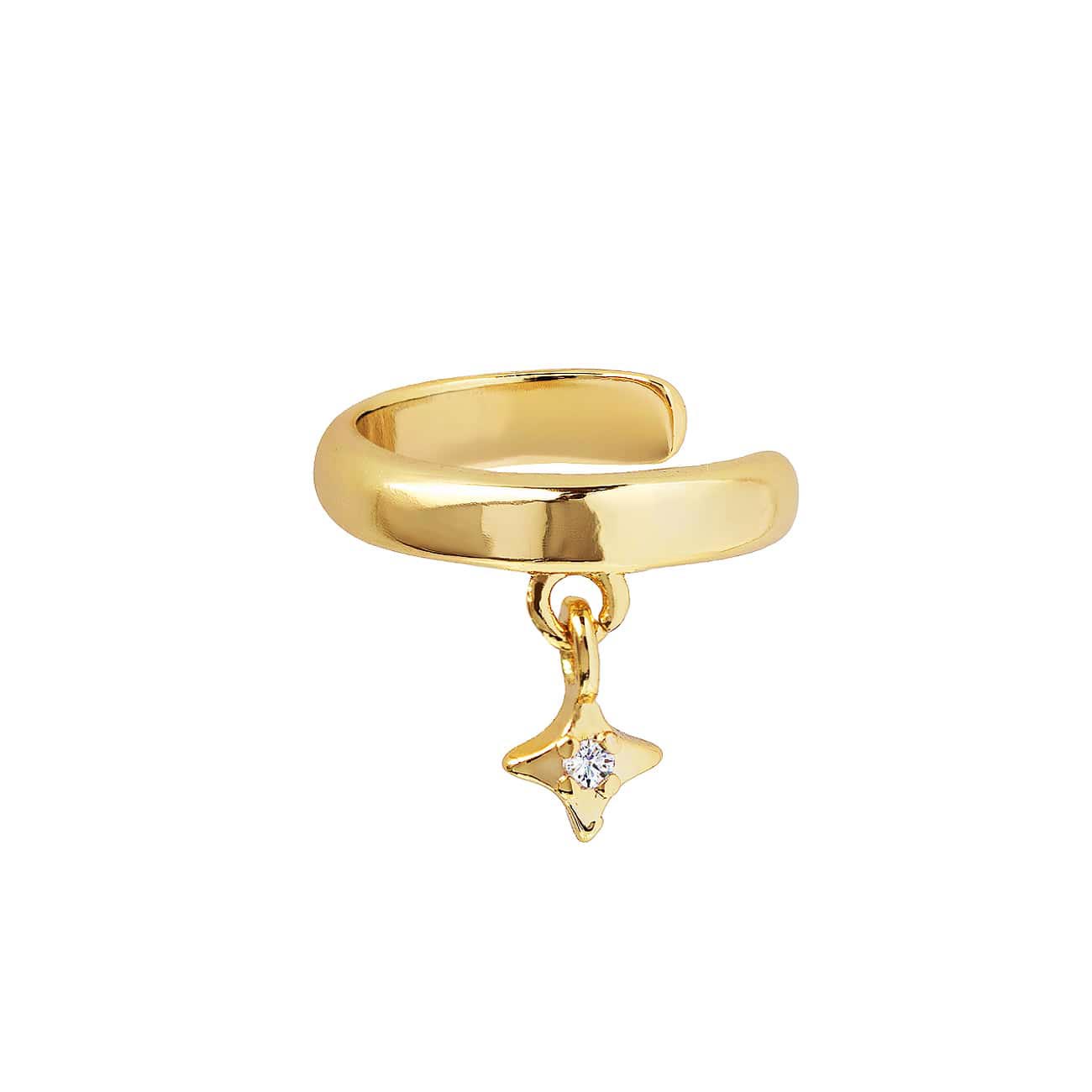 Gold vermeil ear cuff with a dangling star charm set with a white zirconia, on a white background