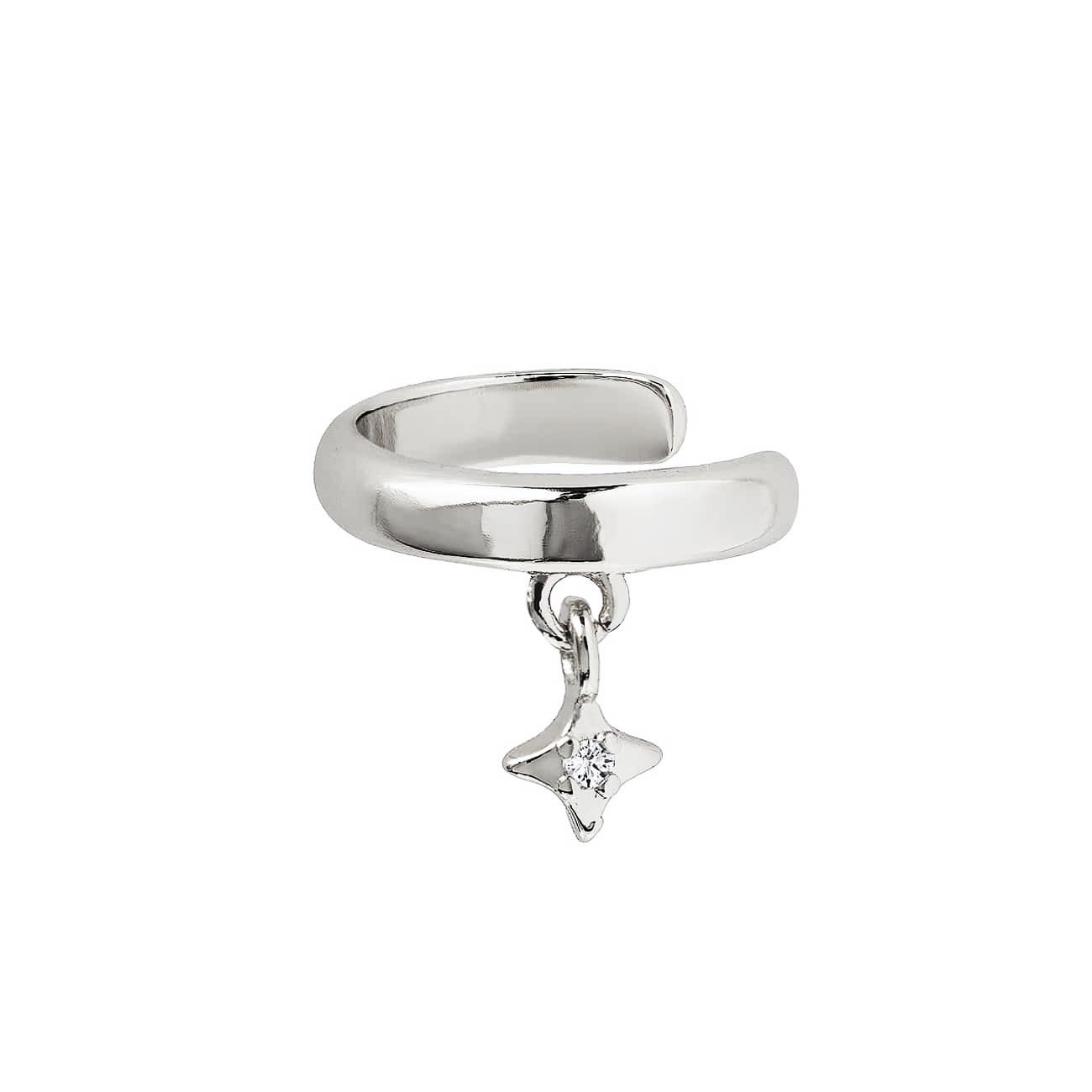 Sterling silver ear cuff with a dangling star charm set with a white zirconia, on a white background