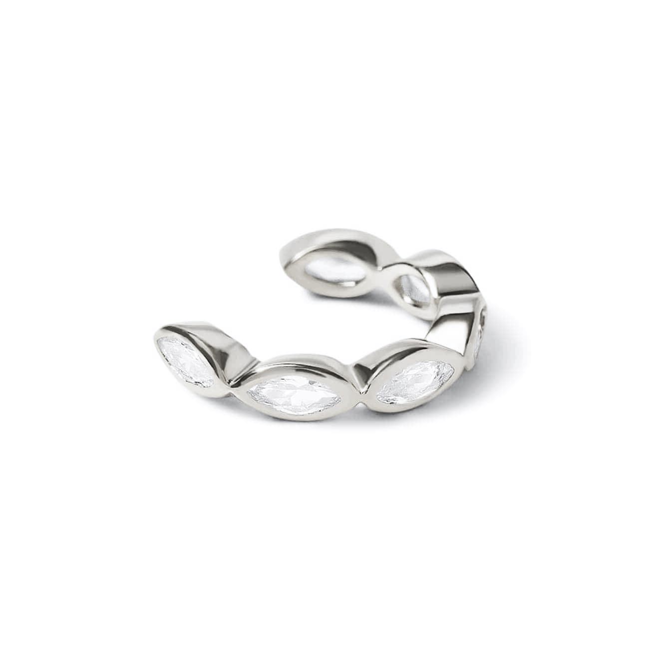 Sterling silver marquise eternity ear cuff with white zirconia stones, on a white background
