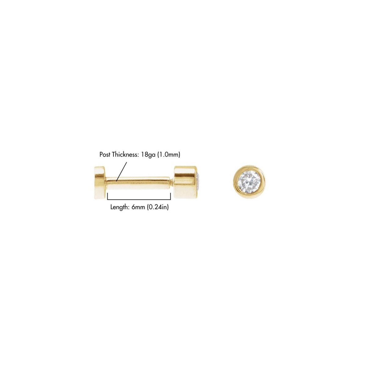 14K gold bezel diamond flat back stud size chart, post 18ga and 6mm length, on a white background