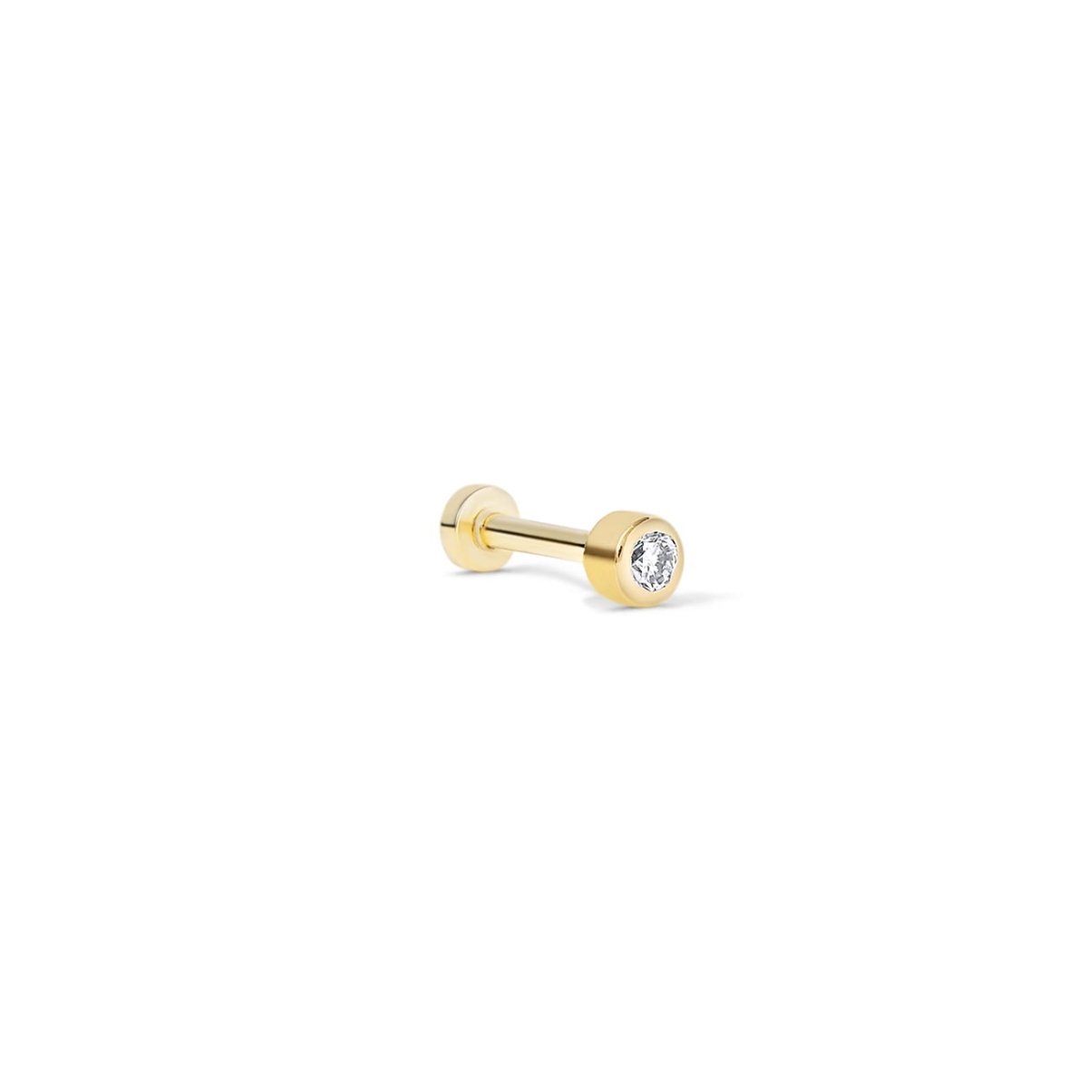 14K gold flat back stud with a bezel-set round diamond, on a white background