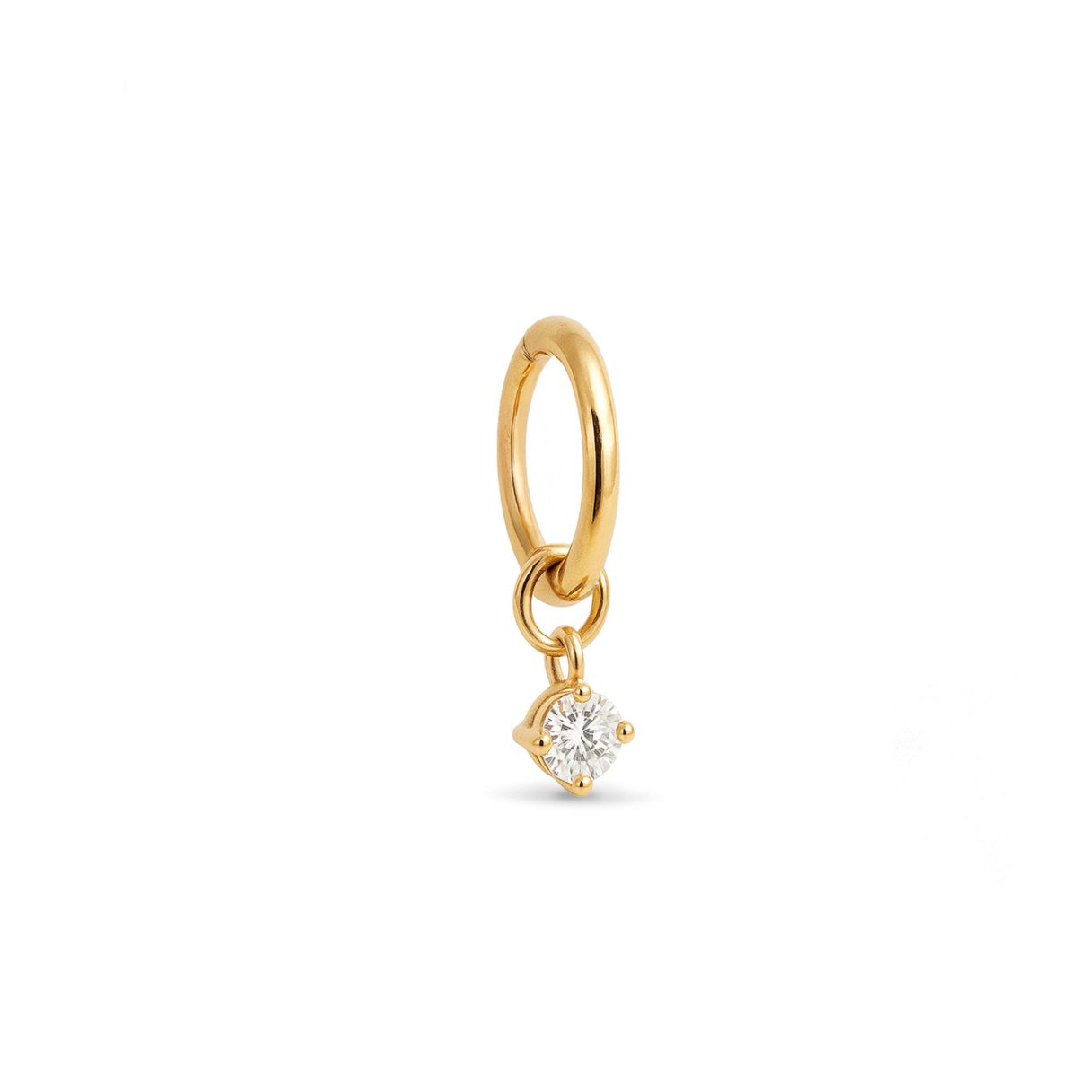 14K gold earring charm with a round clear moissanite on an open jump ring, on a white background