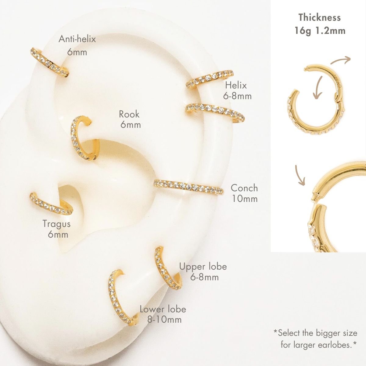14K gold pavé hoops with white zirconia on an ear placement chart, sizes labeled by piercing spot
