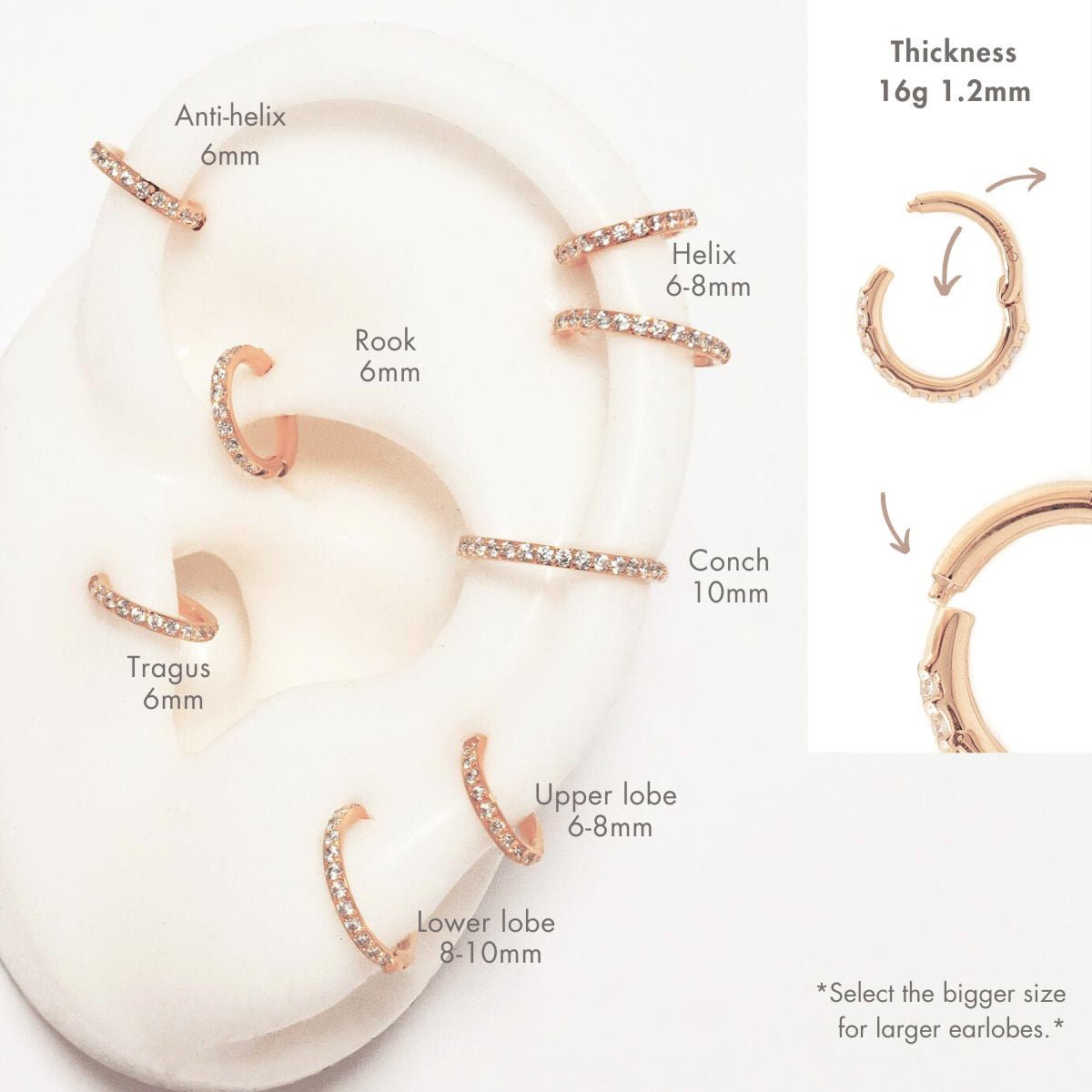 14K rose gold pavé hoops with white zirconia, shown on an ear placement chart with sizes by piercing