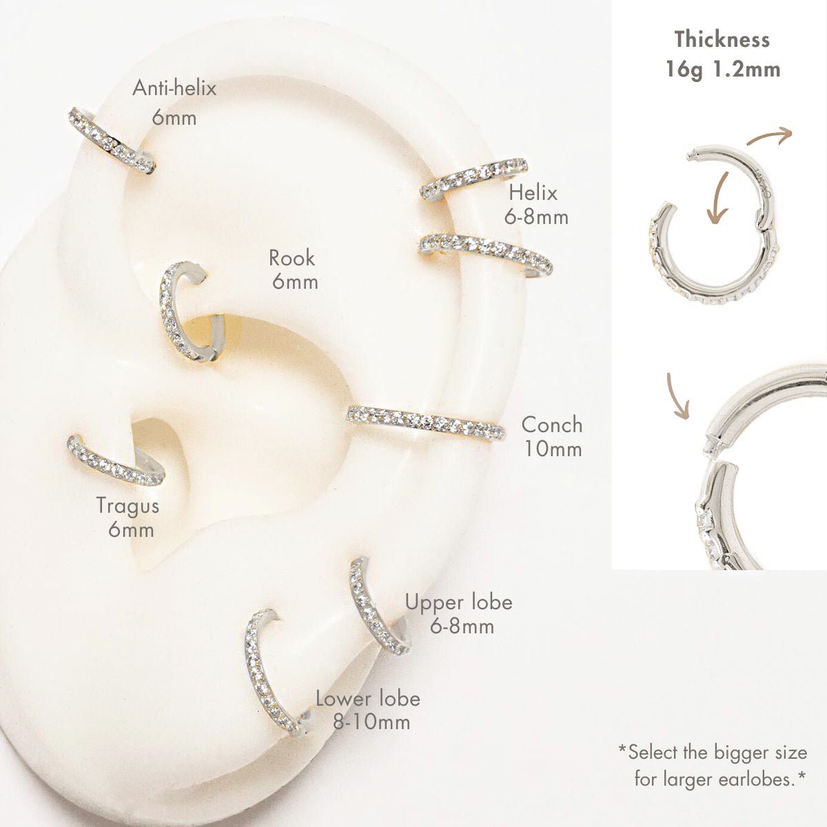 14K white gold pavé hoops with white zirconia on an ear placement chart, 16g 1.2mm thickness shown