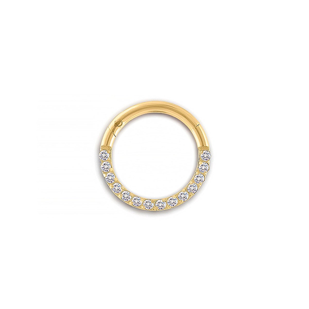Gold titanium pavé seamless clicker hoop set with clear zirconia stones, on a white background
