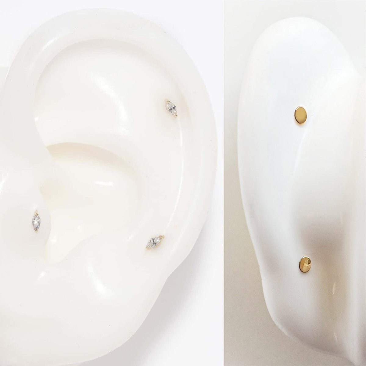 14K gold tiny marquise flat back stud sizing and piercing placement guide on ear forms