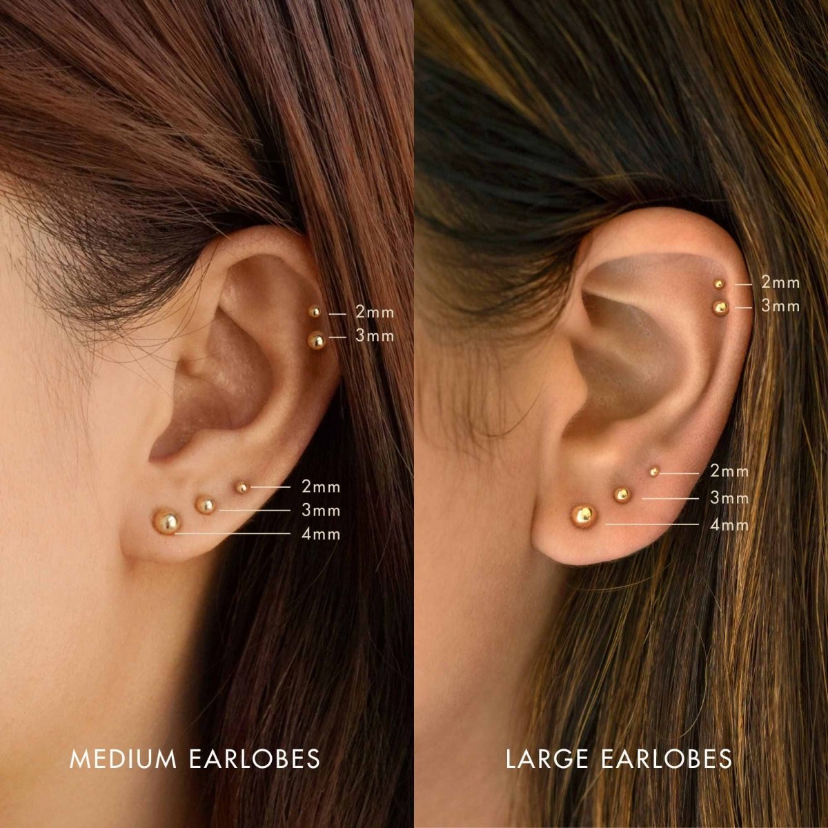 14K rose gold ball studs sizing guide, 2mm to 4mm shown on medium and large earlobes