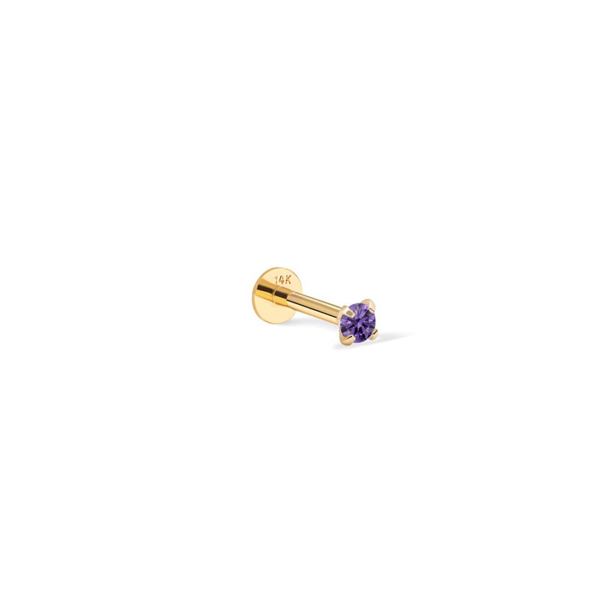 14K gold flat back stud with a round purple amethyst in a prong setting, on a white background