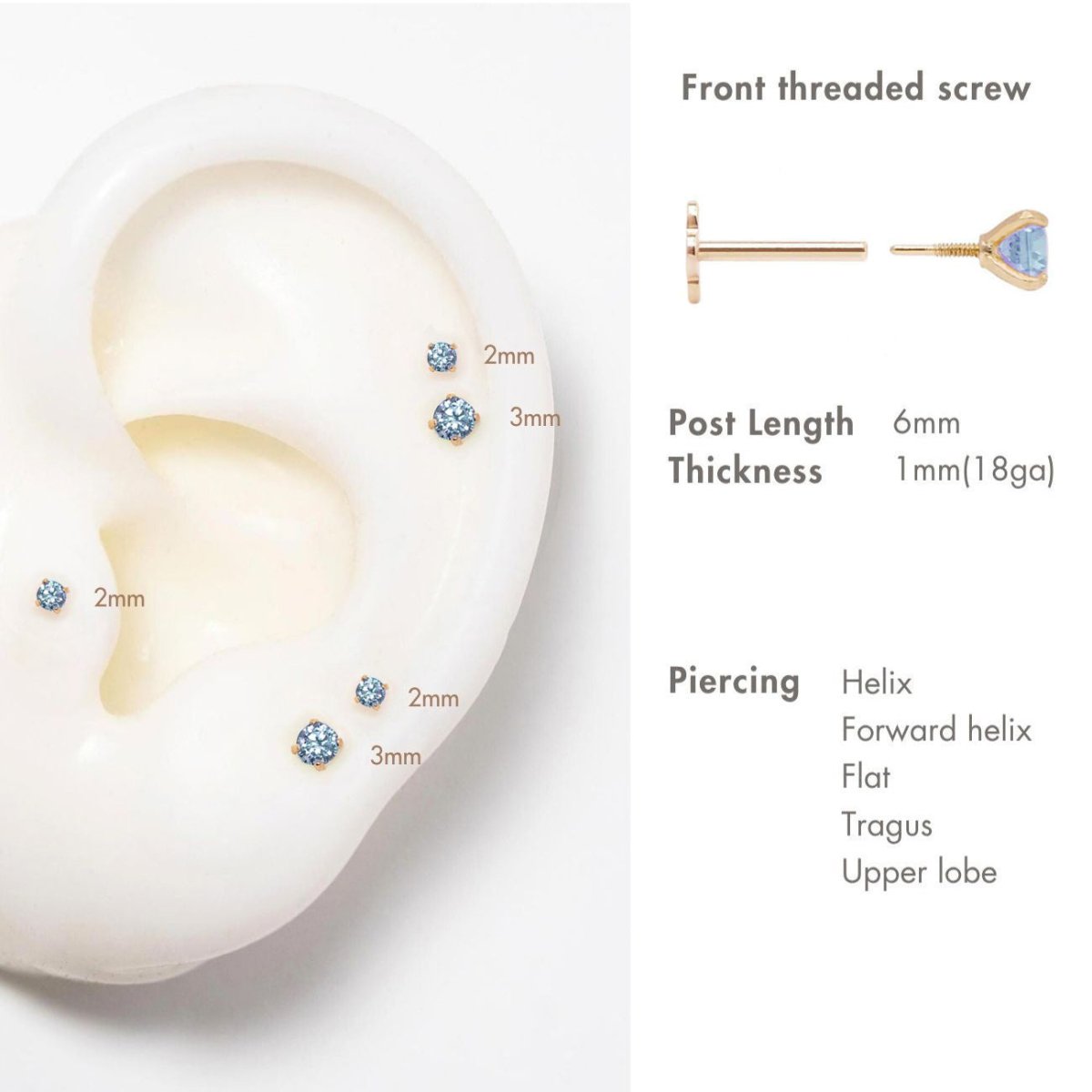Placement and size guide showing 2mm and 3mm blue stone flat back studs and a front threaded screw post