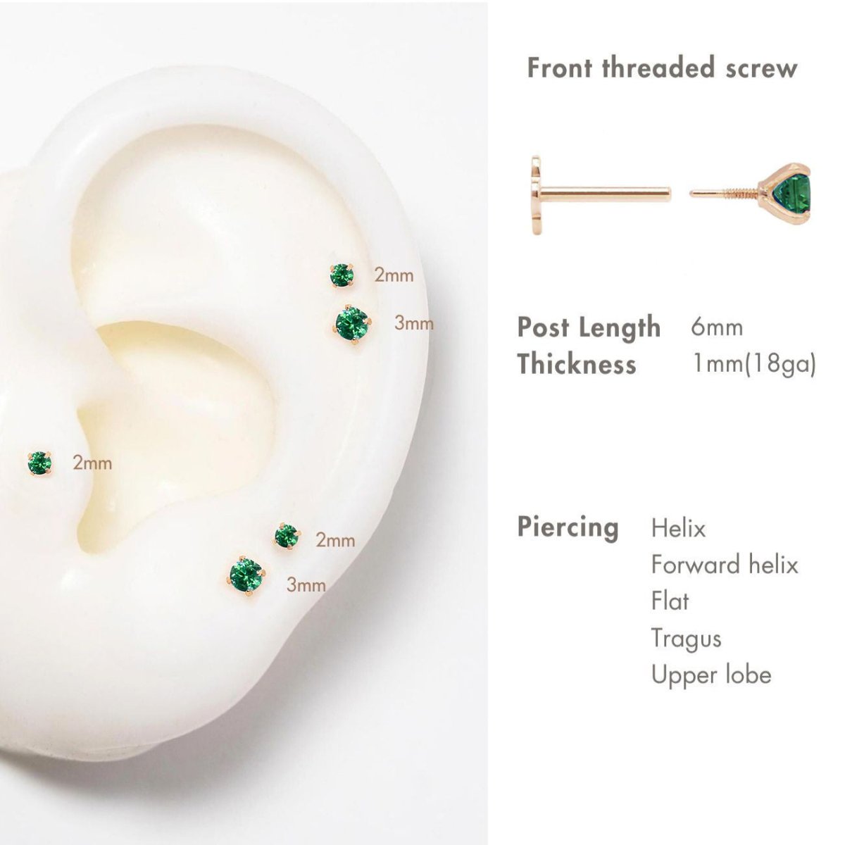 14K gold emerald flat back studs size comparison, 2mm and 3mm, with front threaded screw diagram
