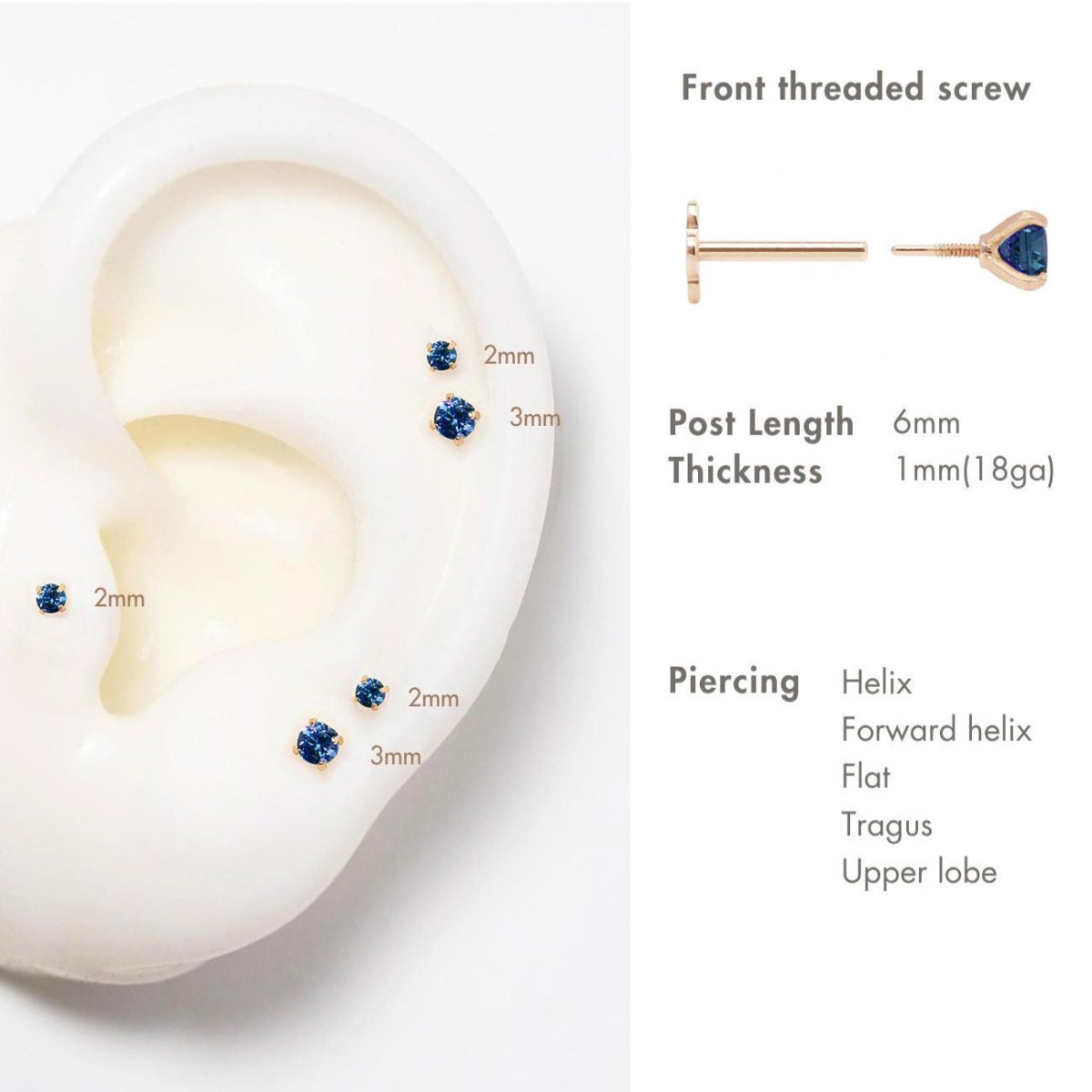 14K gold blue sapphire flat back studs size comparison, 2mm and 3mm, with front threaded screw diagram