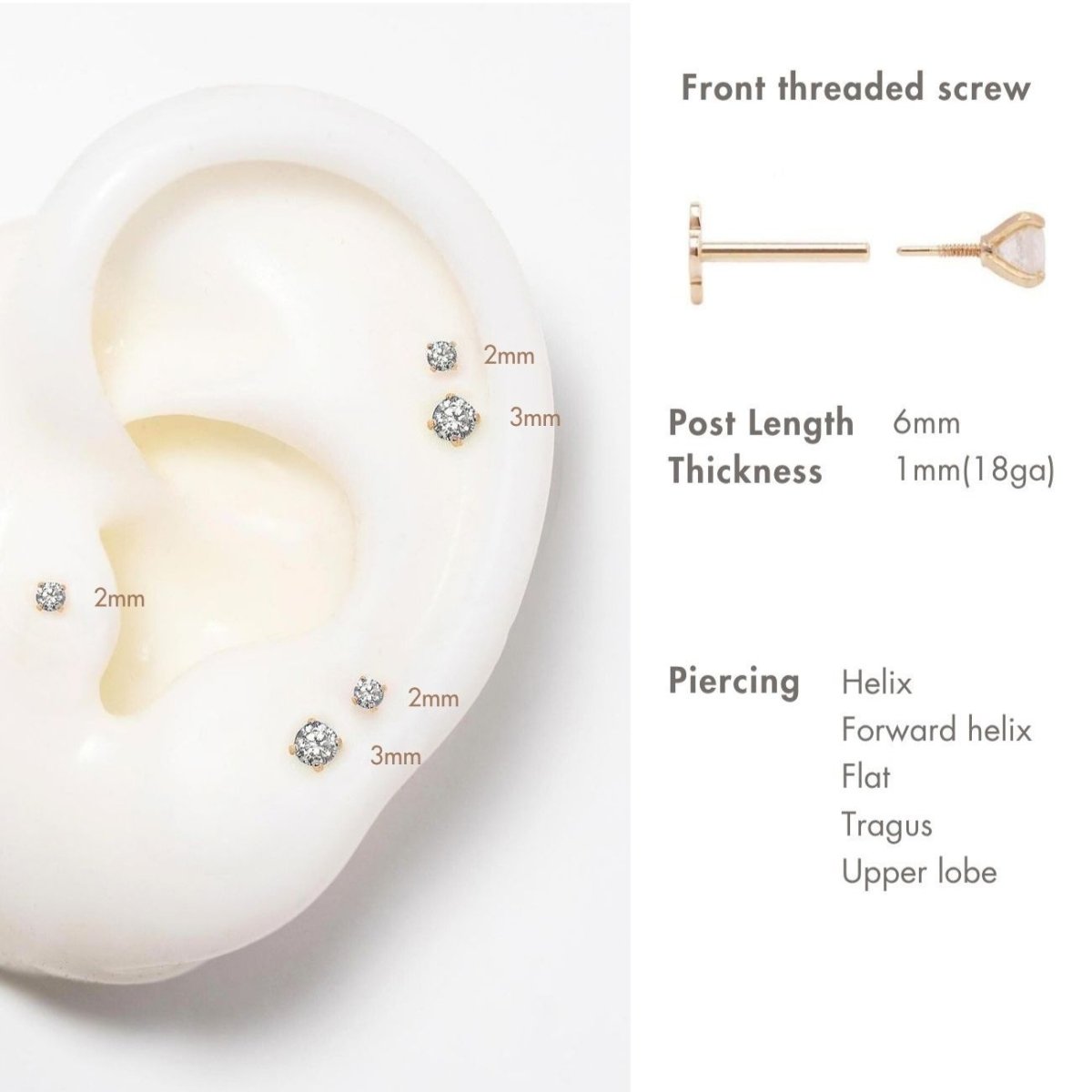 14K gold flat back zirconia stud size guide showing 2mm and 3mm placements with screw-post diagram