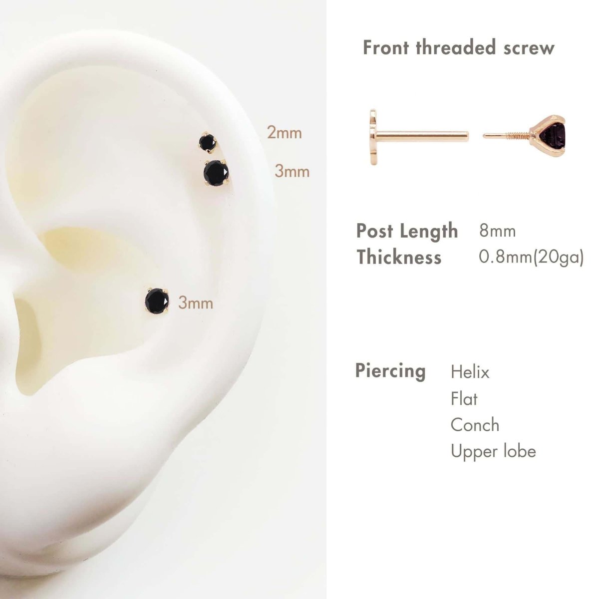 14K gold flat back stud with tiny flower-shaped backing worn in the helix, shown on a model's ear