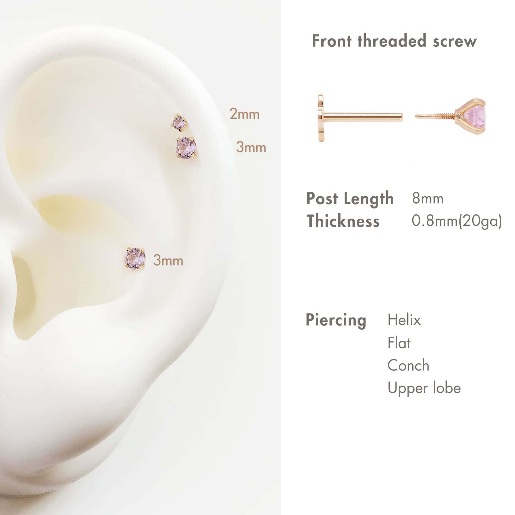 14K gold pink sapphire flat back studs size comparison, 2mm and 3mm, with front threaded screw diagram