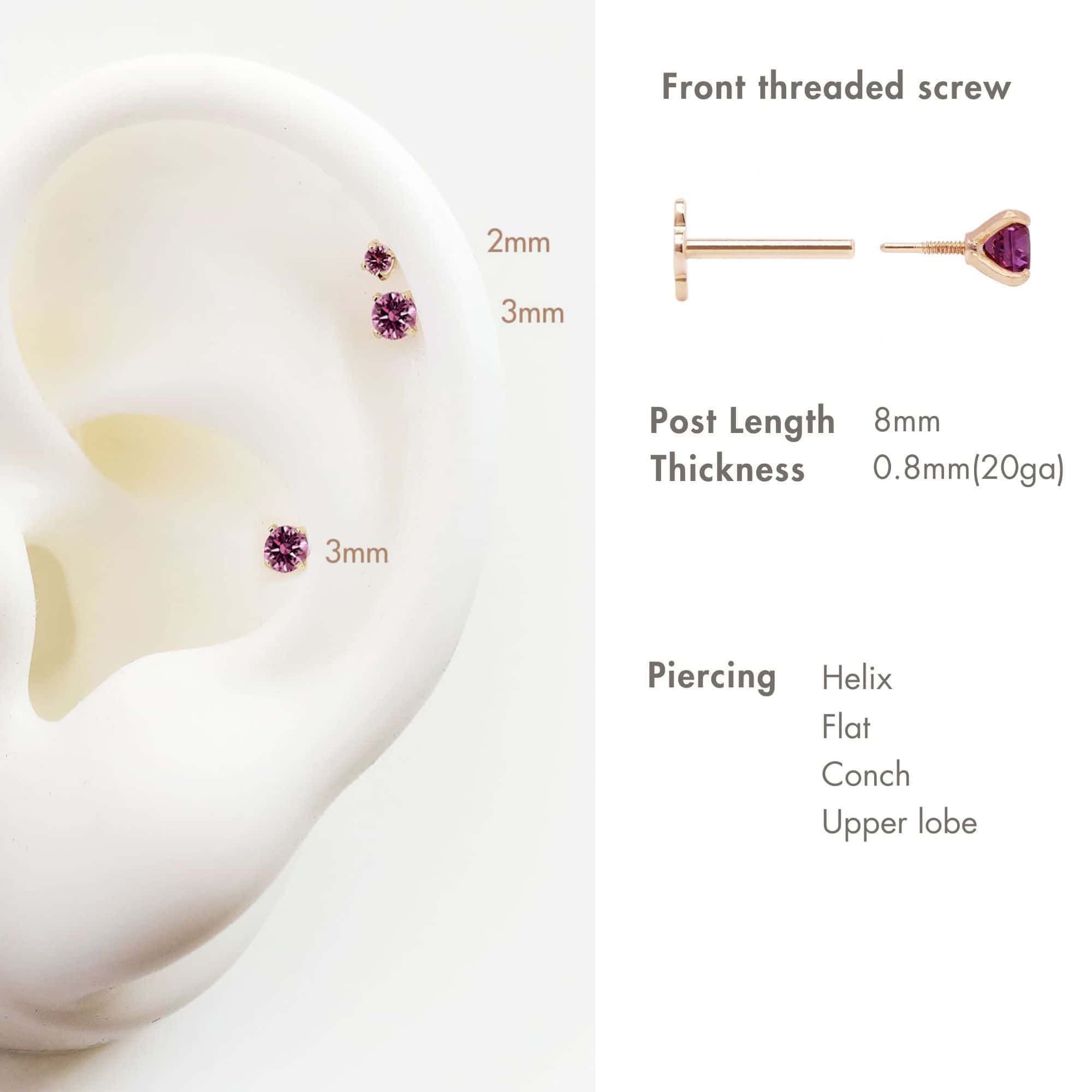 14K gold ruby flat back studs size comparison, 2mm and 3mm, with front threaded screw diagram