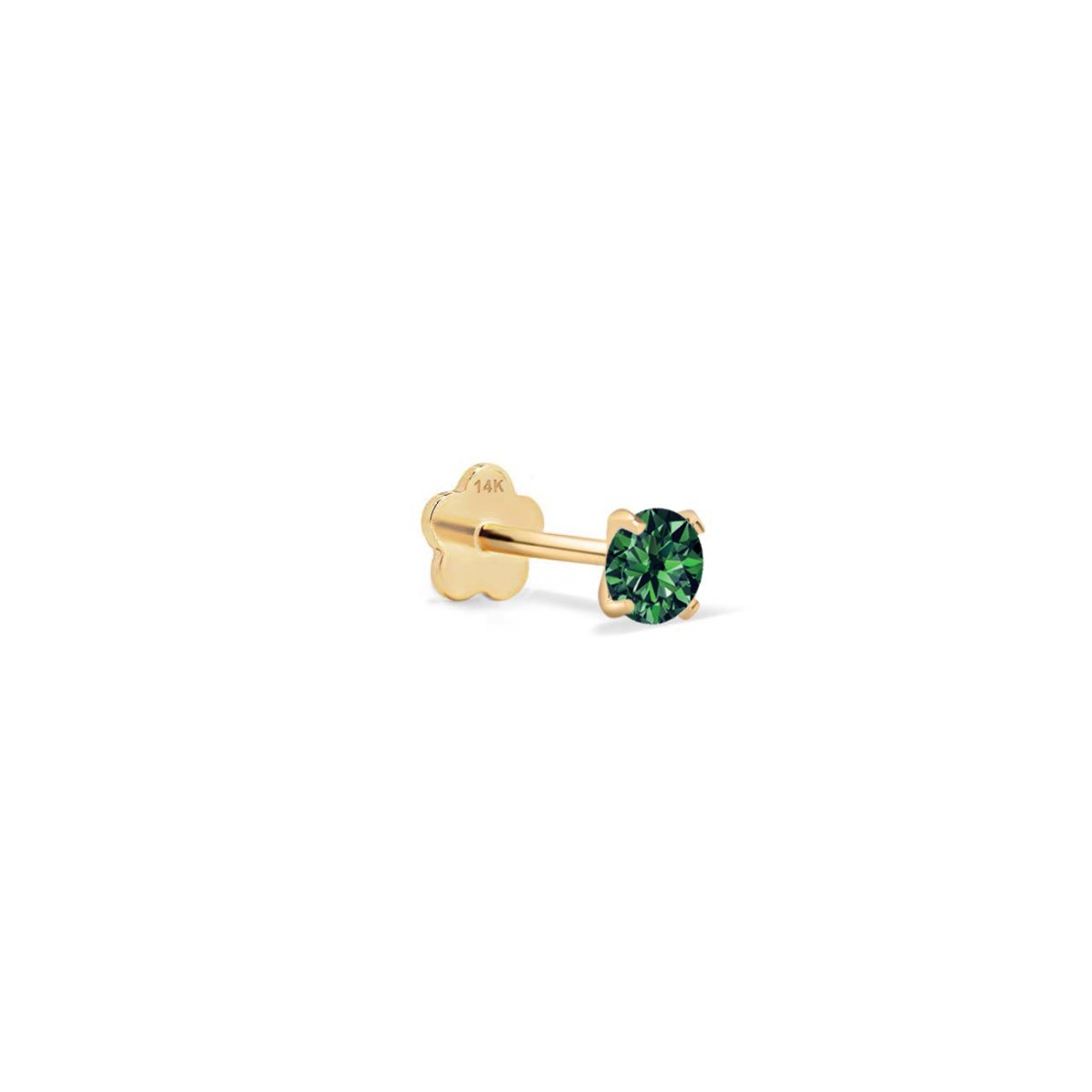 14K gold emerald flat back stud with a round green stone and flower-shaped backing, on a white background
