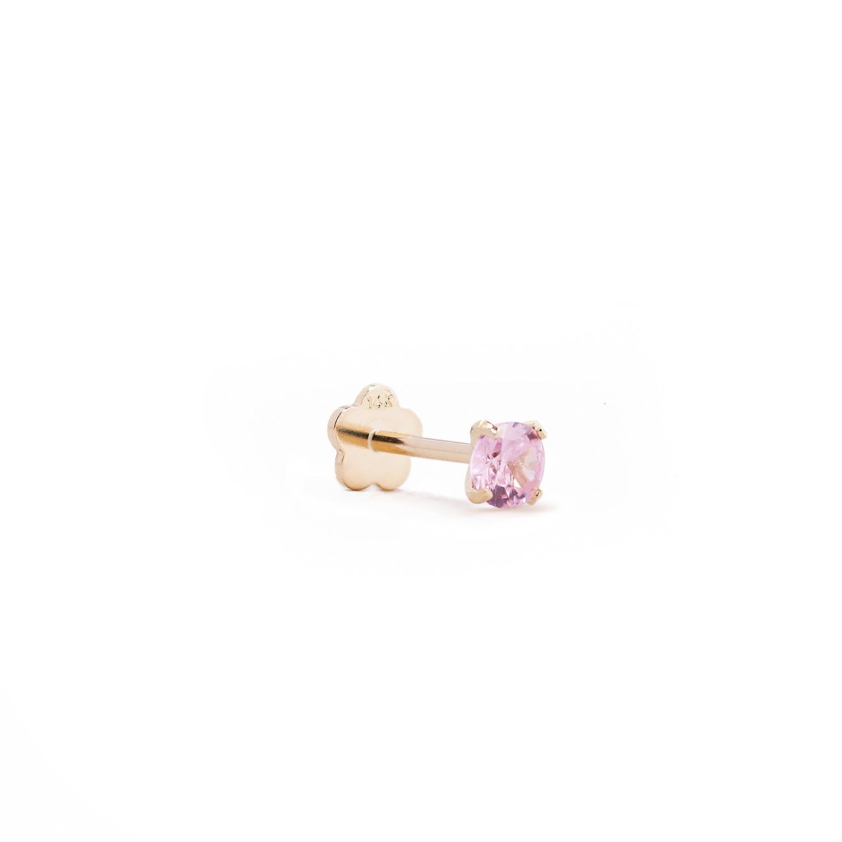 14K gold pink sapphire flat back stud with a round pink stone and flower-shaped backing, on a white background